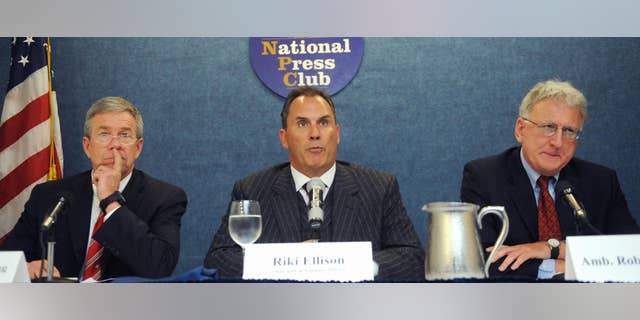 Missile Defense Advocacy Alliance Chairman and Founder Riki Ellison, center, is shown at a news conference, April 3, 2009, at the National Press Club in Washington, D.C.