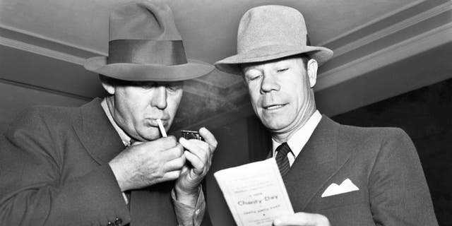 Grantland Rice (left) and Joe E. Brown (right) at the Santa Anita races. Rice is known for, among other things, crafting legendary phrases such as "The Four Horseman of Notre Dame." He called Pudge Heffelfinger "the most amazing football player I had ever known."