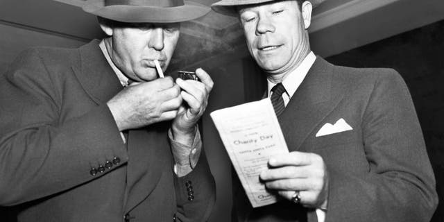 Grantland Rice (left) and Joe E. Brown (right) at the Santa Anita races. Rice is known for, among other things, crafting legendary phrases such as "The Four Horseman of Notre Dame." He called Pudge Heffelfinger "the most amazing football player I had ever known."