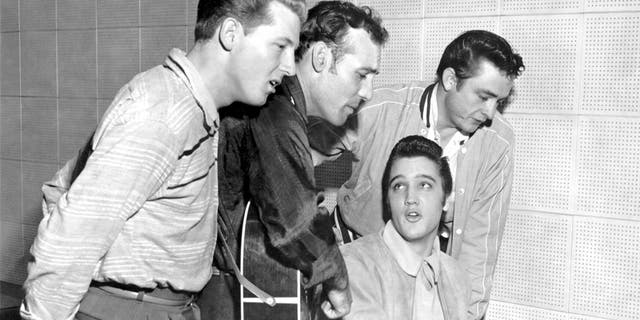 From left: Jerry Lee Lewis, Carl Perkins, Elvis Presley and Johnny Cash as 'The Million Dollar Quartet' on December 4, 1956 in Memphis, Tennessee.  It was a one-night jam session at Sun Studios.