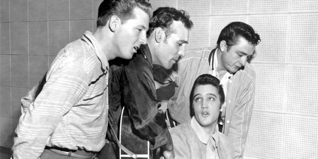 From left: Jerry Lee Lewis, Carl Perkins, Elvis Presley and Johnny Cash as ‘The Million Dollar Quartet’ on December 4, 1956, in Memphis, Tennessee. This was a one night jam session at Sun Studios.