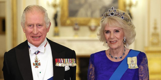 King Charles III and Camilla, Queen Consort during the State Banquet at Buckingham Palace on November 22, 2022, in London, England. The couple married in 2005.