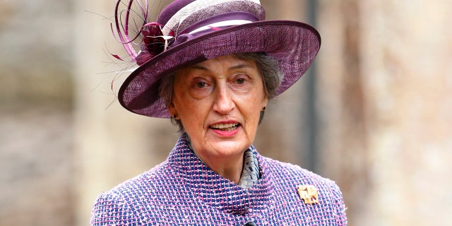 Lady Susan Hussey, lady-in-waiting to Queen Elizabeth II, accompanies the queen to Sunday service at St Peter's Church near Sandringham House Jan. 19, 2014, in Norwich, England. 