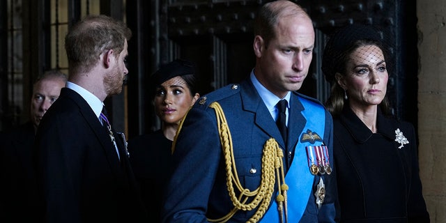 From left: Prince Harry, Duke of Sussex, Meghan, Duchess of Sussex, Prince William, Prince of Wales and Catherine, Princess of Wales leaving after a service for Queen Elizabeth II on Sept. 14, 2022. Christopher Andersen alleged that the relationship between Harry and William is still strained.