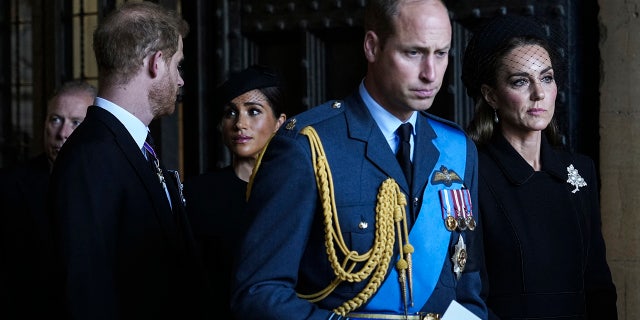 From left: Prince Harry, Duke of Sussex, Meghan, Duchess of Sussex, Prince William, Prince of Wales and Catherine, Princess of Wales leaving after a service for Queen Elizabeth II on Sept. 14, 2022. Christopher Andersen alleged that the relationship between Harry and William is still strained.