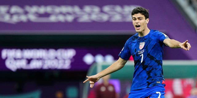 Giovanni Reyna Attacking Midfield of USA and Borussia Dortmund gives instructions during the FIFA World Cup Qatar 2022 Group B match between England and USA at Al Bayt Stadium on November 25, 2022 in Al Khor, Qatar.