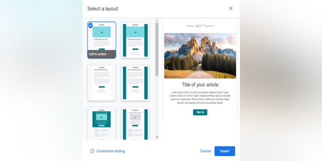 Users can choose from a set of predefined email templates that include images, text elements, and buttons.