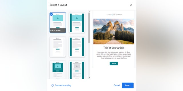 يمكن للمستخدمين الاختيار من بين مجموعة محددة مسبقًا من قوالب البريد الإلكتروني ، والتي تتضمن الصور وعناصر النص والأزرار.