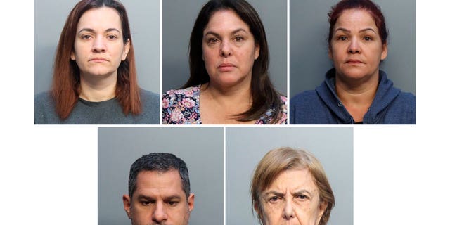 This combination of booking photos provided by Miami-Dade Corrections and Rehabilitation shows, top from left, Marglli Gallego, Monica Isabel Ghilardi and Yoleidis Lopez Garcia, and bottom from left, Jose Antonio Gonzalez and Myriam Arango Rodgers.
