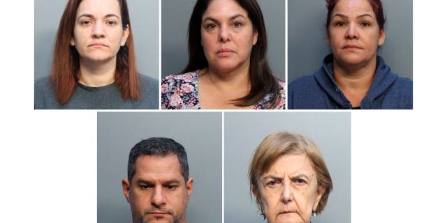 This combination of booking photos provided by Miami-Dade Corrections and Rehabilitation shows, top from left, Marglli Gallego, Monica Isabel Ghilardi and Yoleidis Lopez Garcia, and bottom from left, Jose Antonio Gonzalez and Myriam Arango Rodgers.