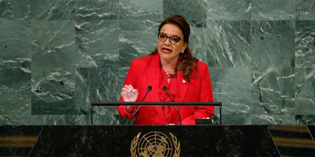 Honduras' President Xiomara Castro addresses the 77th session of the United Nations General Assembly in New York on Sept. 20, 2022. Honduras declared a state of emergency to fight gang crimes like extortion on Nov. 24, 2022.