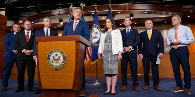 House Minority Leader Kevin McCarthy, alongside Republican House leadership, holds a press conference on Capitol Hill in Washington, DC, June 9, 2022. 