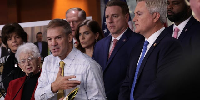 Flanked by House Republicans, U.S. Rep. Jim Jordan (R-OH) speaks during a news conference at the U.S. Capitol on Nov. 17, 2022 in Washington, D.C. House Republicans held a news conference to discuss 