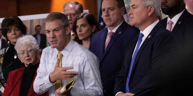 Flanked by House Republicans, U.S. Rep. Jim Jordan (R-OH) speaks during a news conference at the U.S. Capitol on Nov. 17, 2022 in Washington, D.C. House Republicans held a news conference to discuss "the Biden family's business dealings."