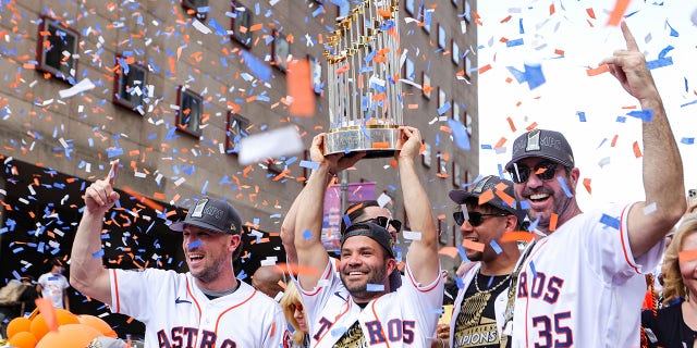 Jose Altuve #27, Alex Bregman #2, Justin Verlander #35, Yuli Gurriel #10 and Lance McCullers Jr. #43 of the Houston Astros participate in the World Series Parade on Nov. 7, 2022 in Houston, Texas.