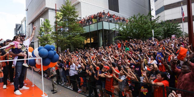 Justin Verlander #35 of the Houston Astros participates in the World Series Parade on Nov. 7, 2022 in Houston, Texas.
