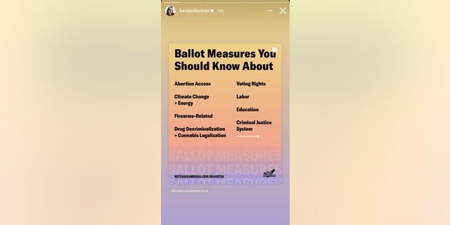 Kendall Jenner shared to her Instagram story an infographic from VoteSaveAmerica, which highlighted some of the ballot measures voters would be addressing in this midterm election.