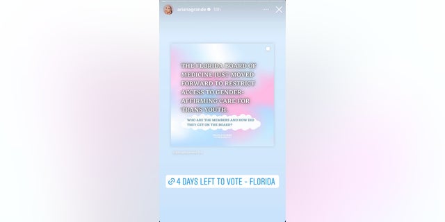 Ariana Grande shared a link to register to vote for Floridians under a post about gender-affirming care.