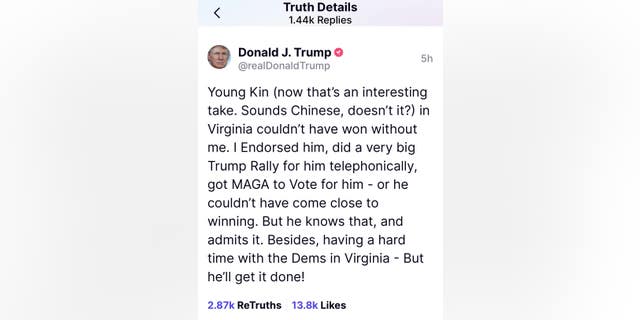 Former President Donald Trump's TruthSocial post attacking Virginia Gov. Glenn Youngkin.