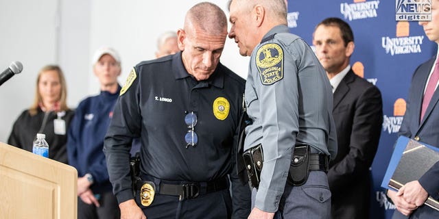 University of Virginia Police Chief, Timonty J. Longo, Sr., is informed by a Virginia State Police Chief Captain that suspect Christopher Darnell Jones, Jr., is in custody. The announcement was made at a mid-morning press conference Monday, November 14, 2022. 