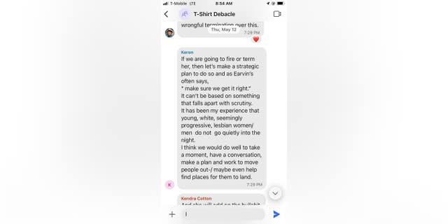 Signal screenshot of New Georgia Project executives discussing firing a White employee by digging up racism charges.