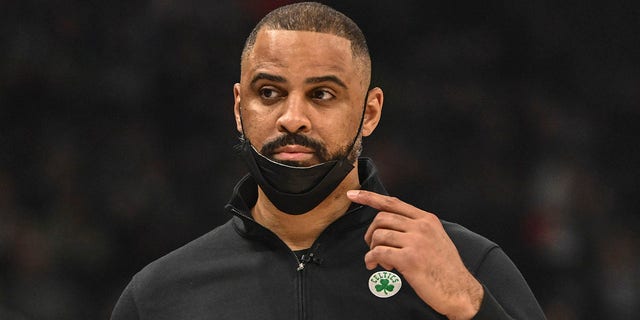 Boston Celtics head coach Ime Udoka watches game action in the first quarter during game against the Milwaukee Bucks at Fiserv Forum in Milwaukee April 7, 2022.