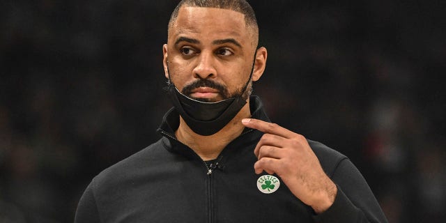 Boston Celtics head coach Ime Udoka watches game action in the first quarter during game against the Milwaukee Bucks at Fiserv Forum in Milwaukee April 7, 2022.