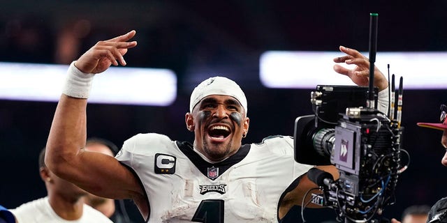 Philadelphia Eagles quarterback Jalen Hurts, #1, reacts after defeating the Houston Texans in an NFL football game in Houston, Thursday, Nov. 3, 2022.