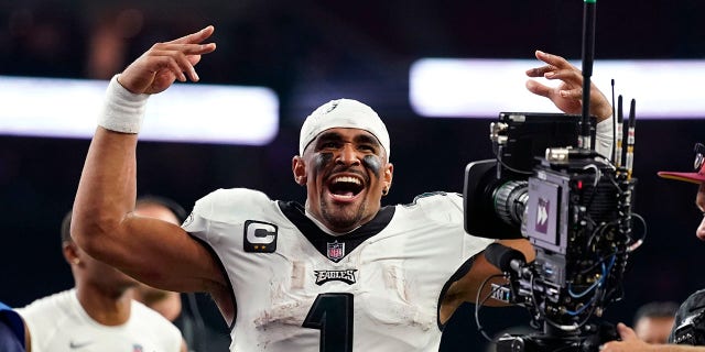 Philadelphia Eagles quarterback Jalen Hurts (1) reacts after defeating the Houston Texans in an NFL football game in Houston, Thursday, Nov. 3, 2022.