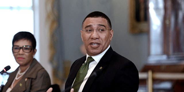 Jamaican Prime Minister Andrew Holness is shown at the State Department on April 1, 2022 in Washington.