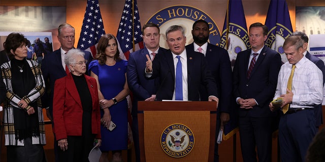 Flanked by House Republicans, U.S. Rep. James Comer, R-Ky. speaks during a news conference at the U.S. Capitol in Washington, D.C., on Nov. 17, 2022.