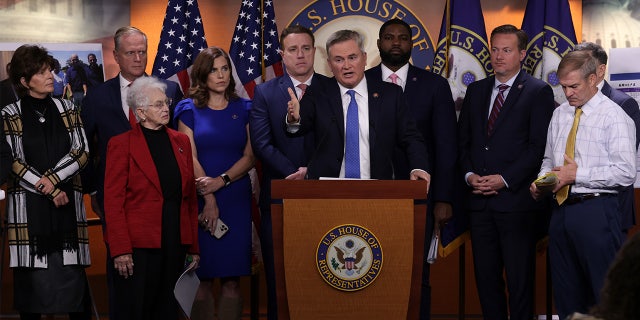 Flanked by House Republicans, U.S. Rep. James Comer (R-KY) speaks during a news conference at the U.S. Capitol on Nov. 17, 2022 in Washington, D.C.