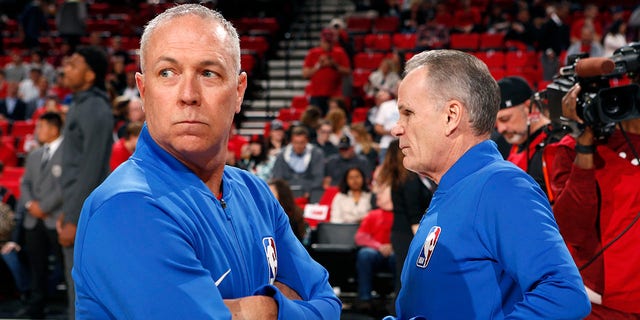 Referees Jason Phillips and Mike Callahan before Game 4 of the Western Conference finals between the Golden State Warriors and the Trail Blazers on May 20, 2019, at the Moda Center in Portland, Oregon.