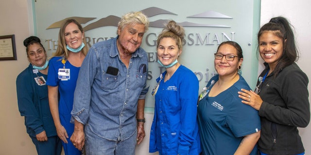 Jay Leno is shown saying goodbye to the Grossman Burn Center care team.