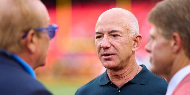 Jeff Bezos looks on from the sidelines before the Chiefs take on the Los Angeles Chargers at GEHA Field at Arrowhead Stadium on Sept. 15, 2022, in Kansas City, Missouri.