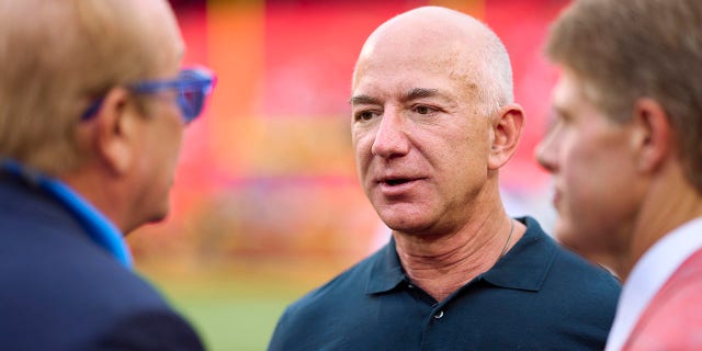 Jeff Bezos looks on from the sidelines before the Chiefs take on the Los Angeles Chargers at GEHA Field at Arrowhead Stadium on Sept. 15, 2022, in Kansas City, Missouri.