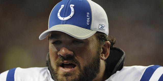Center Jeff Saturday, #63 of the Indianapolis Colts, watches play against the Atlanta Falcons at the Georgia Dome on Aug. 16, 2008 in Atlanta.