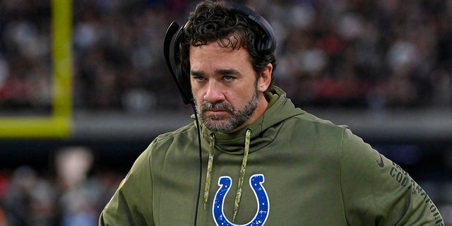Indianapolis Colts interim head coach Jeff Saturday on the sideline in the second half of an NFL football game against the Las Vegas Raiders in Las Vegas, Nev., Sunday, Nov. 13, 2022. 