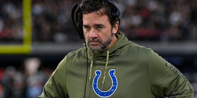 Indianapolis Colts interim head coach Jeff Saturday on the sideline in the second half of an NFL football game against the Los Vegas Raiders in Las Vegas, Nevada, Sunday, November 13, 2022. 