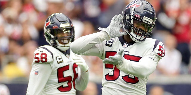 Jerry Hughes (55) of the Houston Texans reacts during the first half against the Indianapolis Colts at NRG Stadium on Sept. 11, 2022, in Houston.