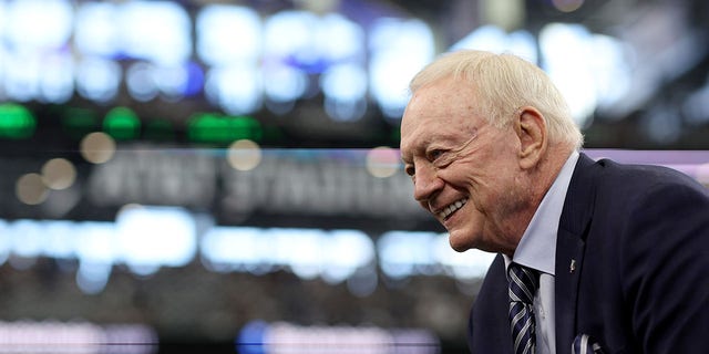 Dallas Cowboys owner Jerry Jones interacts with fans during warmups before the Cowboys take on the Detroit Lions at AT&amp;T Stadium on Oct. 23, 2022 in Arlington, Texas.