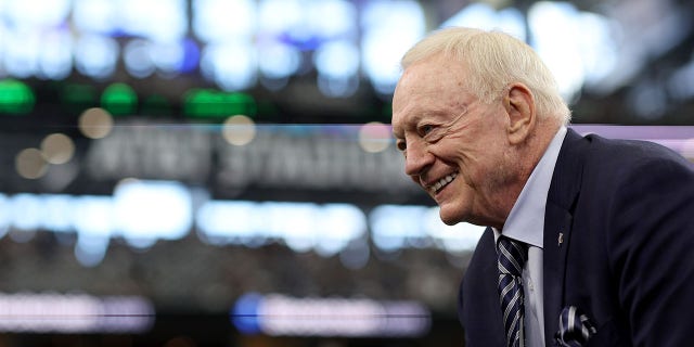 Dallas Cowboys owner Jerry Jones interacts with fans during warmups before the Cowboys take on the Detroit Lions at AT&amp;T Stadium on Oct. 23, 2022 in Arlington, Texas.