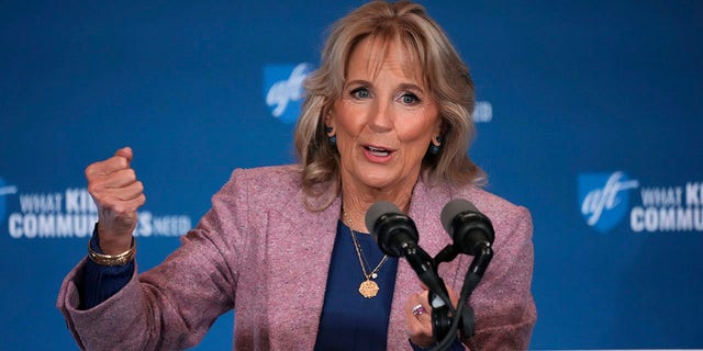First lady Jill Biden speaks during a visit to the American Federation of Teachers' headquarters in Pittsburgh on Nov. 2, 2022.