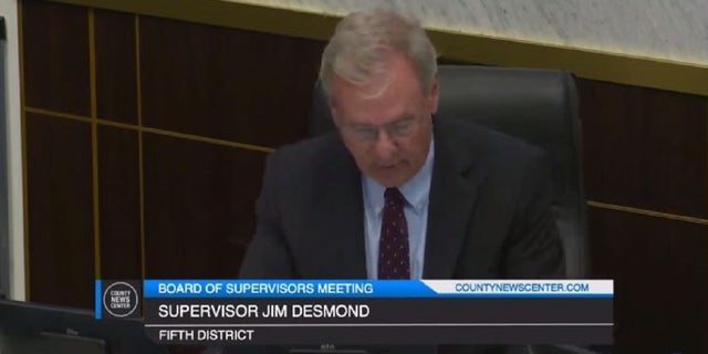 San Diego County Supervisor Jim Desmond speaks during Tuesday's meeting about why the county shouldn't retire its zero-tolerance illegal drug activity policy for county-funded housing. 