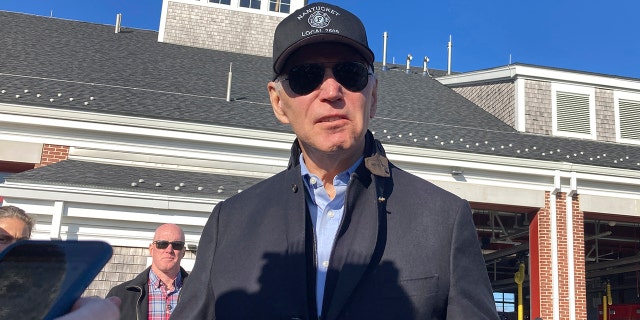 President Biden talks with reporters during a visit on Thanksgiving Day to the Nantucket Fire Department in Nantucket, Massachusetts, Thursday, Nov. 24, 2022.