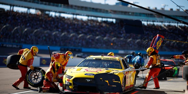 Joey Logano, driver of the No. 22 Shell Pennzoil Ford, pits during the NASCAR Cup Series Championship at Phoenix Raceway on Nov. 6, 2022, in Avondale, Arizona.