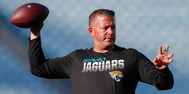 Jaguars offensive coordinator John DeFilippo throws a pass before the start of a preseason game against the Atlanta Falcons at TIAA Bank Field on Aug. 29, 2019, in Jacksonville.