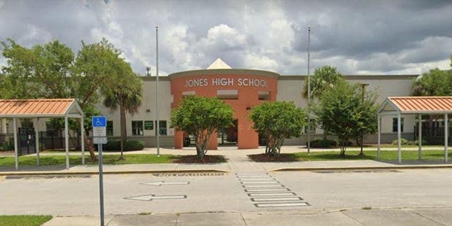 A Google Earth image shows the front of Jones High School in Orlando, Fla.