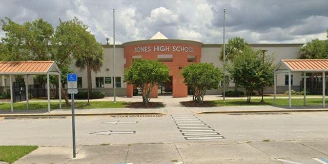 A Google Earth image shows the front of Jones High School in Orlando, Fla.