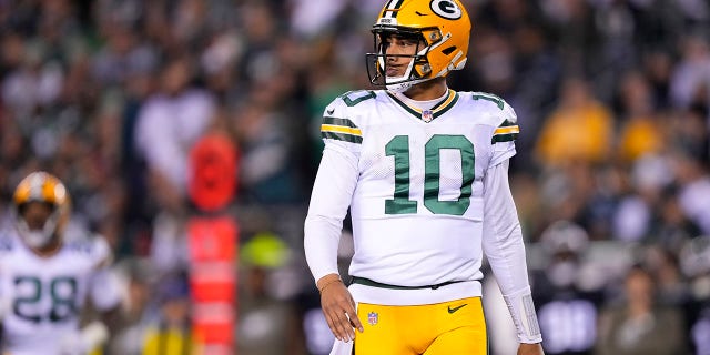 Green Bay Packers quarterback Jordan Love looks on during the second half of an NFL football game against the Philadelphia Eagles, Sunday, Nov. 27, 2022, in Philadelphia.